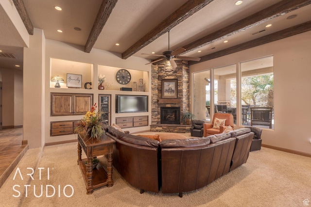 1285 Summerwood Cir, Santa Clara, UT 84765 - living room featuring baseboards, a ceiling fan, a fireplace, beamed ceiling, and recessed lighting