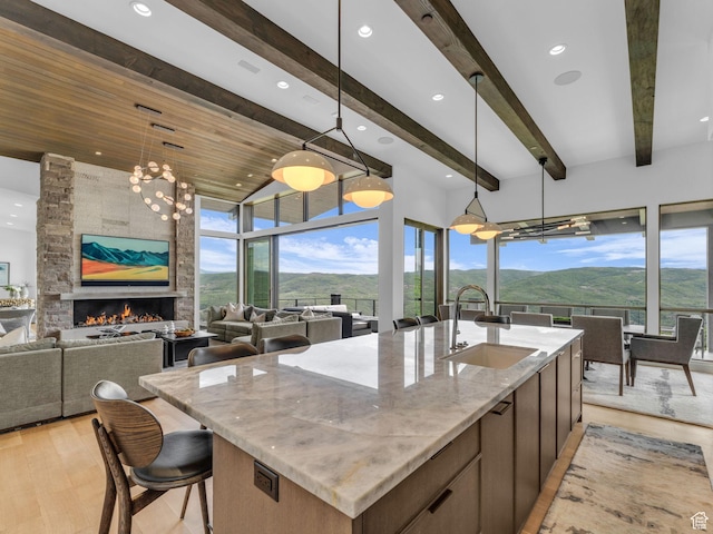 2178 E Lone Peak Ln, Kamas, UT 84036 - kitchen featuring a sink, a mountain view, an island with sink, light wood-type flooring, and open floor plan
