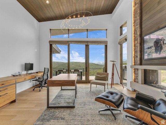 2178 E Lone Peak Ln, Kamas, UT 84036 - office space featuring wooden ceiling, light wood-type flooring, high vaulted ceiling, a chandelier, and healthy amount of natural light