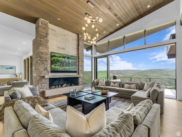 2178 E Lone Peak Ln, Kamas, UT 84036 - living room with high vaulted ceiling, wood finished floors, recessed lighting, wood ceiling, and a chandelier