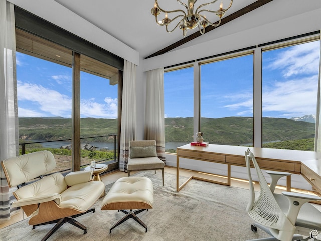 2178 E Lone Peak Ln, Kamas, UT 84036 - sunroom with a chandelier, lofted ceiling, and a water and mountain view