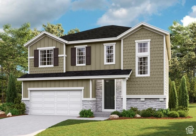 craftsman-style home with driveway, stone siding, board and batten siding, a front lawn, and a garage