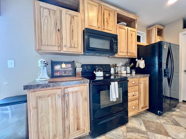 kitchen with open shelves, black appliances, light brown cabinetry, and stone finish flooring