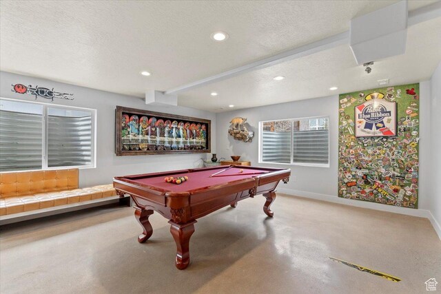 recreation room featuring pool table, baseboards, recessed lighting, a textured ceiling, and finished concrete floors