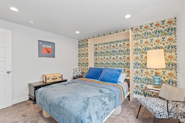 carpeted bedroom with recessed lighting, baseboards, and wallpapered walls