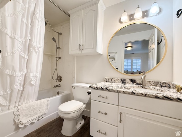 full bath featuring toilet, shower / bathtub combination with curtain, vanity, and wood finished floors
