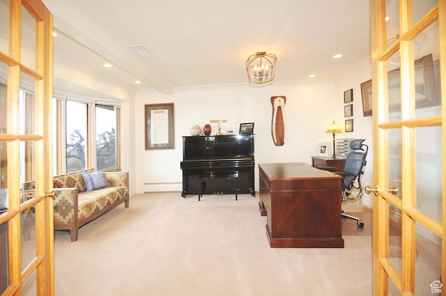 360 E 1825 N, Centerville, UT 84014 - home office with baseboard heating, ornamental molding, recessed lighting, french doors, and light colored carpet