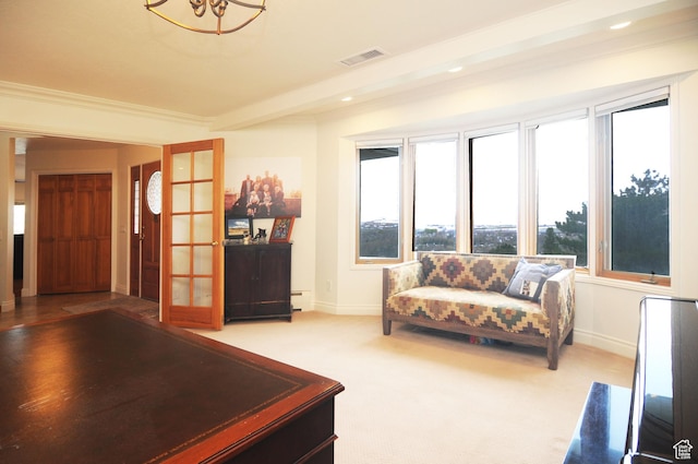 360 E 1825 N, Centerville, UT 84014 - living area featuring an inviting chandelier, carpet, visible vents, baseboard heating, and baseboards