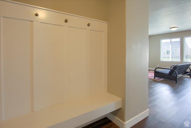 mudroom featuring dark wood-type flooring, a textured ceiling, and baseboards
