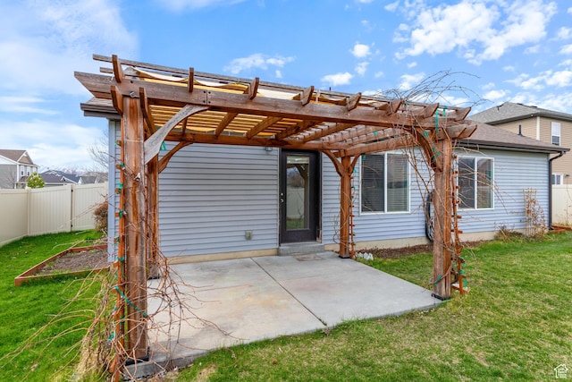 back of property featuring a patio area, fence, a lawn, and a pergola