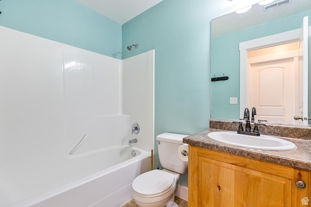 full bath featuring vanity, visible vents, bathtub / shower combination, and toilet