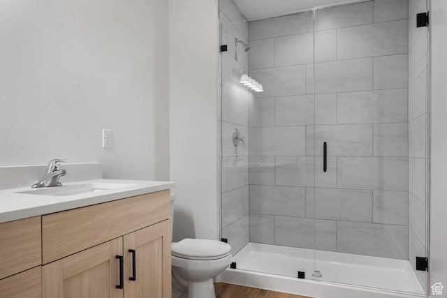 full bathroom with vanity, a stall shower, and toilet