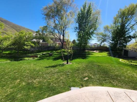 view of yard featuring a mountain view and a fenced backyard
