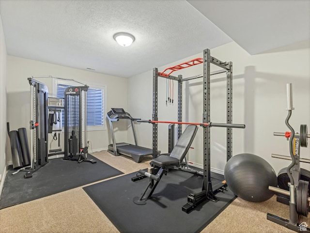 exercise room with baseboards, a textured ceiling, and carpet