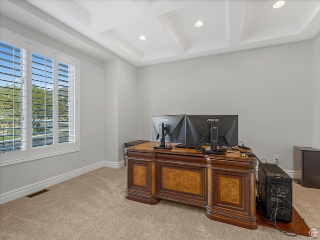 office space with visible vents, recessed lighting, coffered ceiling, and light colored carpet