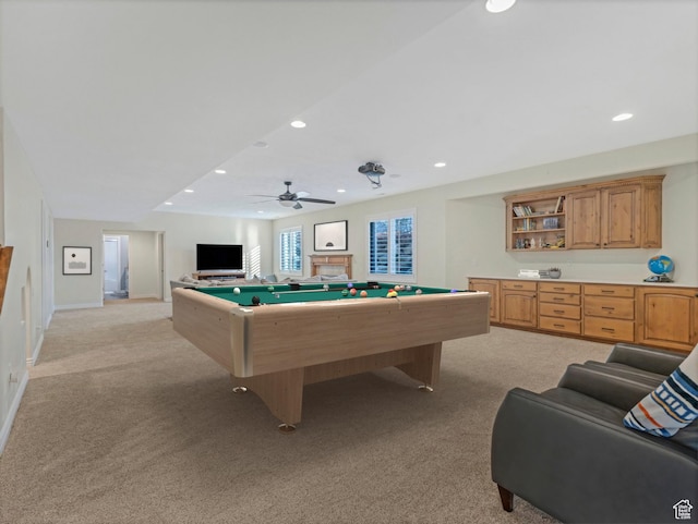 rec room with recessed lighting, billiards, and light carpet