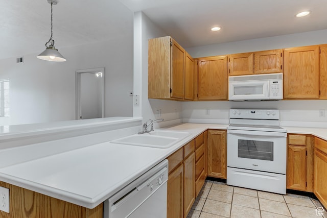 kitchen featuring light tile patterned floors, visible vents, a sink, white appliances, and recessed lighting