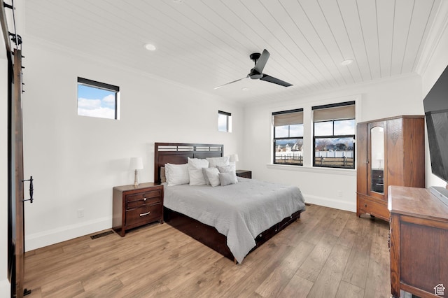 2282 N 3430 W, Clinton, UT 84015 - bedroom featuring wooden ceiling, multiple windows, crown molding, light wood-style flooring, and a ceiling fan