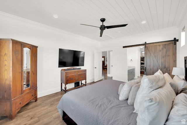 2282 N 3430 W, Clinton, UT 84015 - bedroom featuring a barn door, light wood-style flooring, ornamental molding, wood ceiling, and ceiling fan