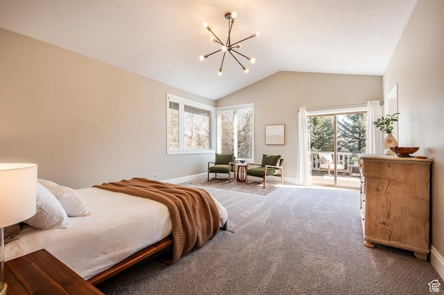 872 Martingale Ln, Park City, UT 84098 - bedroom with baseboards, a notable chandelier, access to outside, carpet flooring, and lofted ceiling