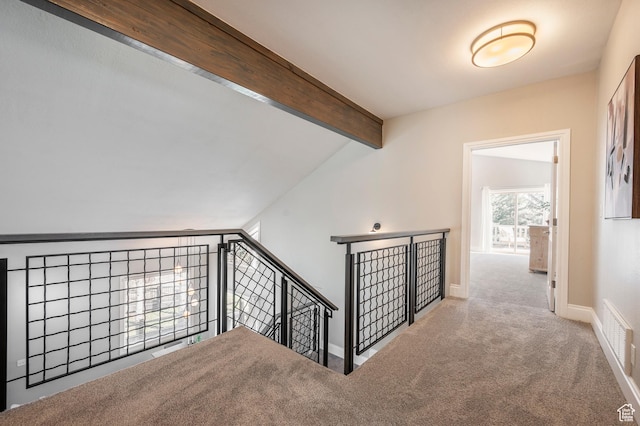 872 Martingale Ln, Park City, UT 84098 - hall with visible vents, carpet flooring, vaulted ceiling with beams, an upstairs landing, and baseboards