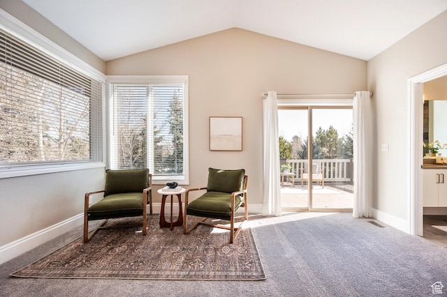 872 Martingale Ln, Park City, UT 84098 - living area with carpet flooring, baseboards, plenty of natural light, and vaulted ceiling