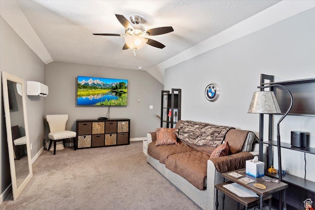 carpeted living area featuring baseboards, a ceiling fan, lofted ceiling, and an AC wall unit