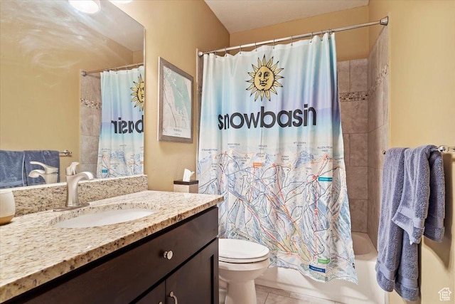 bathroom featuring tile patterned floors, toilet, shower / tub combo with curtain, and vanity