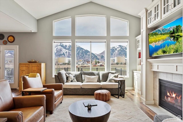 living room with high vaulted ceiling, a fireplace, light wood-type flooring, and baseboards