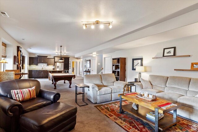 carpeted living room featuring billiards and visible vents