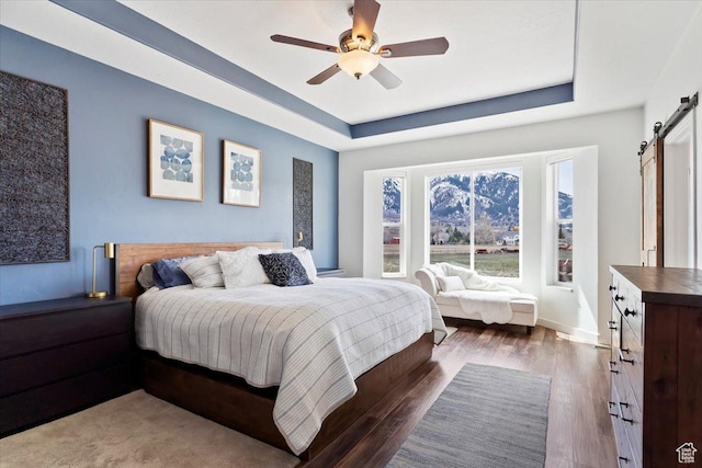 bedroom with a raised ceiling, a barn door, wood finished floors, and a ceiling fan