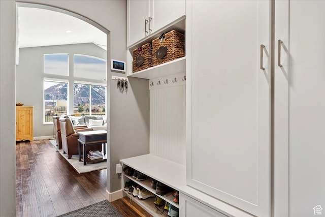 mudroom with high vaulted ceiling, arched walkways, dark wood-style flooring, and baseboards