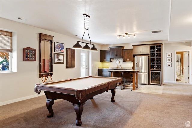 playroom featuring billiards, light colored carpet, baseboards, and visible vents