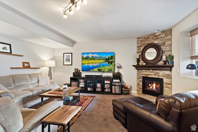living room with a stone fireplace and carpet