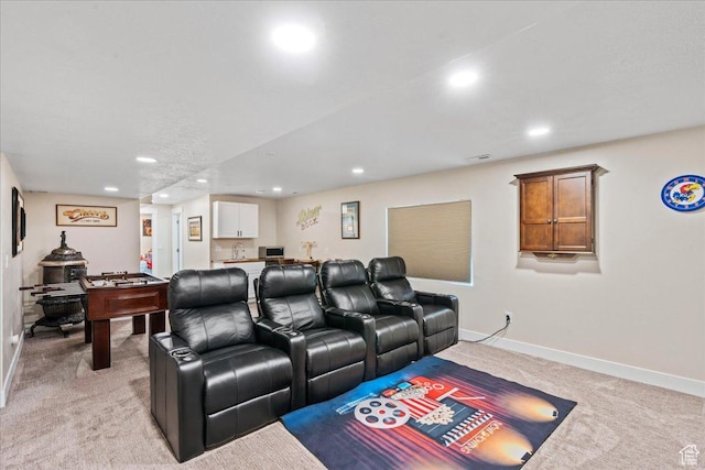 2913 S Puddle Ln, Saratoga Springs, UT 84045 - cinema room with indoor bar, baseboards, recessed lighting, and light colored carpet