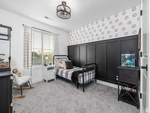 667 S Meade St, Mapleton, UT 84664 - bedroom with visible vents, a wainscoted wall, light carpet, and wallpapered walls
