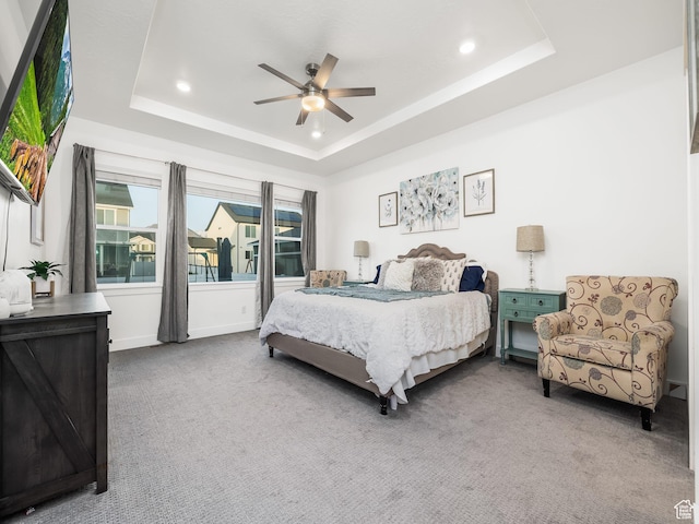 667 S Meade St, Mapleton, UT 84664 - carpeted bedroom featuring recessed lighting, a tray ceiling, baseboards, and ceiling fan