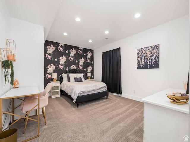 667 S Meade St, Mapleton, UT 84664 - bedroom with light colored carpet, an accent wall, recessed lighting, wallpapered walls, and baseboards