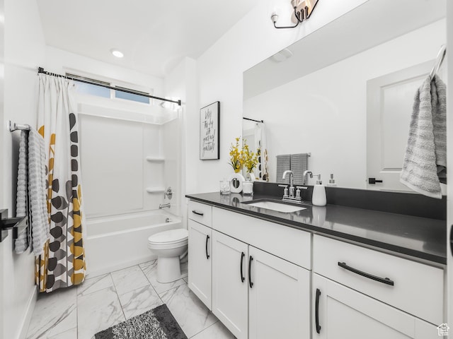 667 S Meade St, Mapleton, UT 84664 - full bath featuring vanity, recessed lighting, toilet, shower / bathtub combination with curtain, and marble finish floor