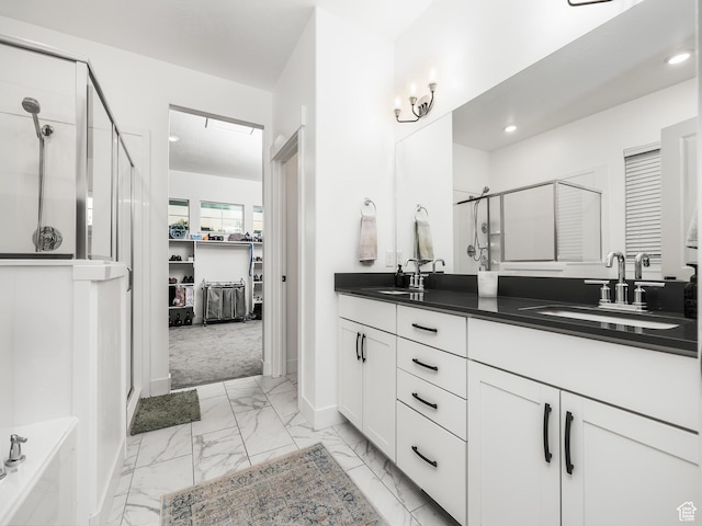 667 S Meade St, Mapleton, UT 84664 - full bath featuring a shower stall, double vanity, marble finish floor, and a sink