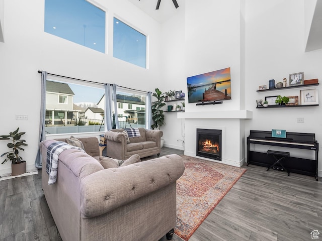 667 S Meade St, Mapleton, UT 84664 - living room featuring a high ceiling, baseboards, a warm lit fireplace, and wood finished floors