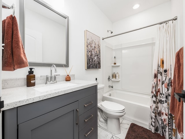 667 S Meade St, Mapleton, UT 84664 - bathroom featuring toilet, shower / bathtub combination with curtain, recessed lighting, vanity, and marble finish floor