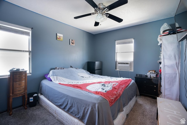 190 S Broadway St, Tooele, UT 84074 - bedroom with carpet flooring, freestanding refrigerator, cooling unit, and a ceiling fan