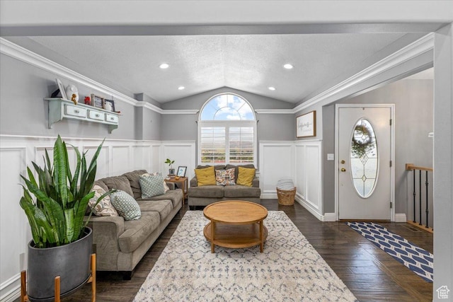 living area featuring dark wood-style floors, a textured ceiling, crown molding, a wainscoted wall, and lofted ceiling