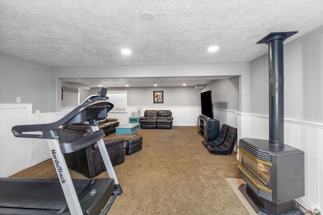 exercise room with a wood stove, a textured ceiling, recessed lighting, a wainscoted wall, and carpet floors