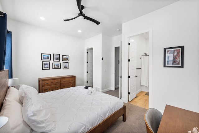 3567 N Lakeview Ct, Eden, UT 84310 - carpeted bedroom featuring baseboards, recessed lighting, connected bathroom, and a ceiling fan