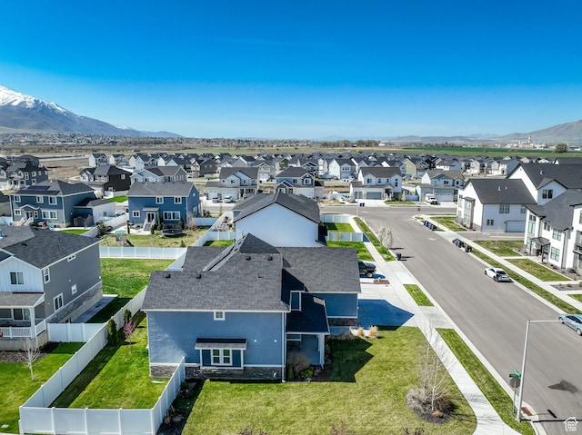 bird's eye view featuring a mountain view and a residential view