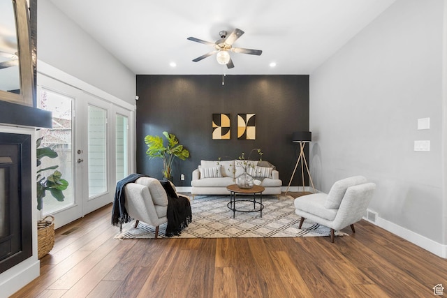 10609 S Kestrel Rise Rd, South Jordan, UT 84009 - living area with a ceiling fan, visible vents, recessed lighting, wood finished floors, and baseboards