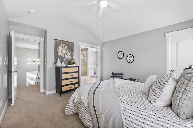 10609 S Kestrel Rise Rd, South Jordan, UT 84009 - carpeted bedroom featuring baseboards, ensuite bath, vaulted ceiling, and ceiling fan with notable chandelier
