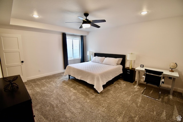 carpeted bedroom with ceiling fan, baseboards, and recessed lighting
